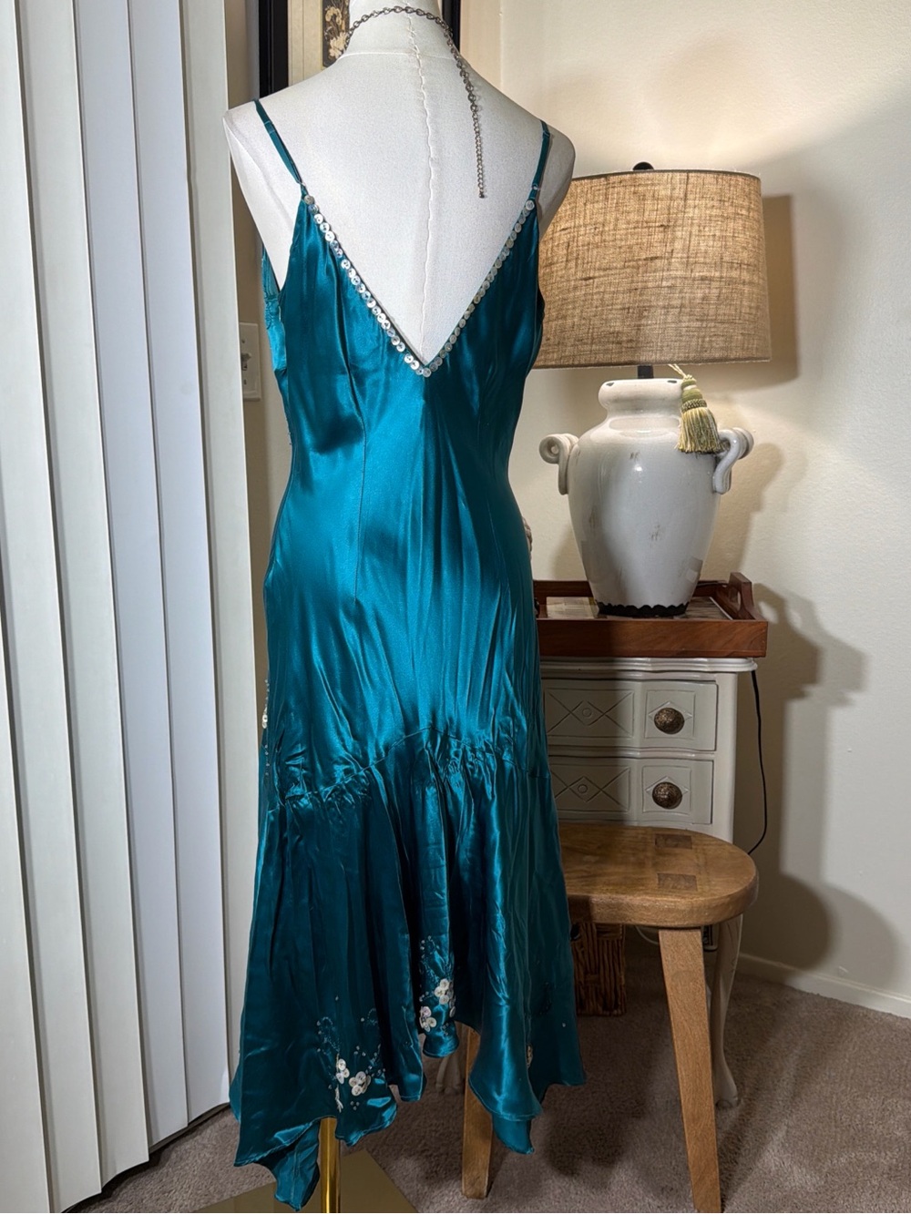 Sue Wong Teal Silk Beaded Button Floral Midi Dress - Picture 5 of 6